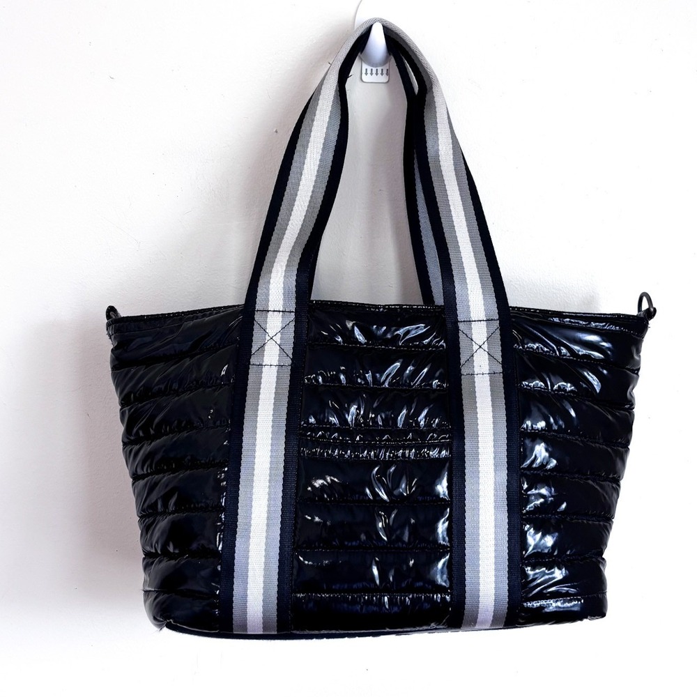 Think Royln Womens Wingman Puffer Tote Bag Black Quilted Patent Leather Travel